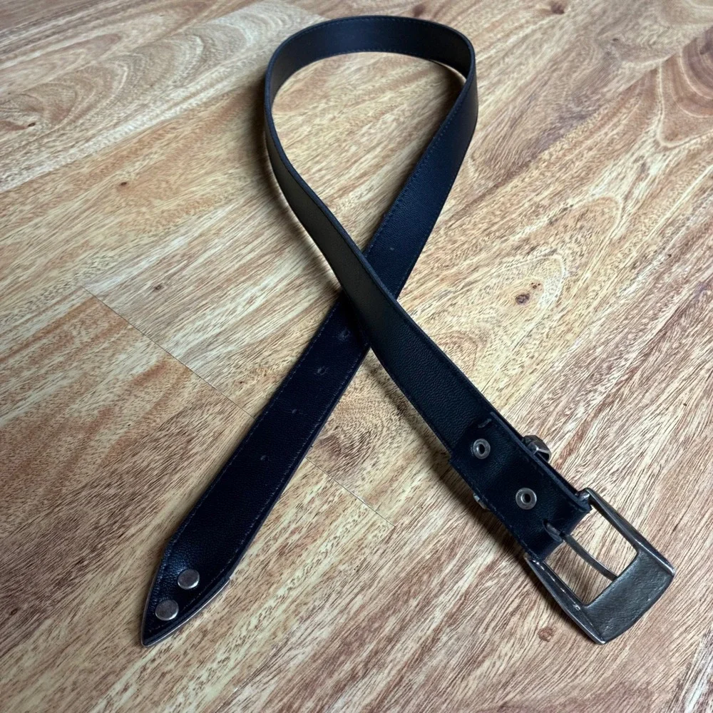 Vintage Western Belt Black Silver Buckle Tip Cowboy Boho Etched Metal Statement